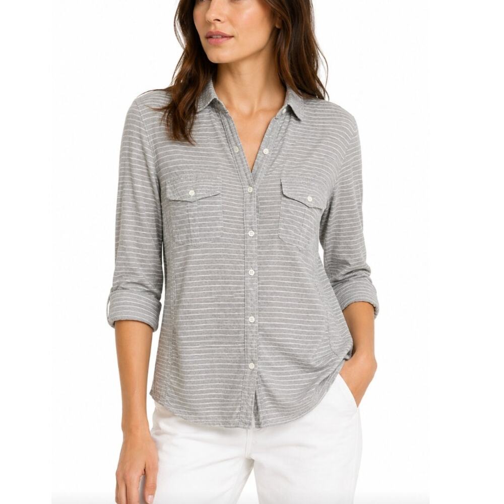 James Perse Slub Side Panel Shirt Gray White Stripe Button Up Top S Minimalist